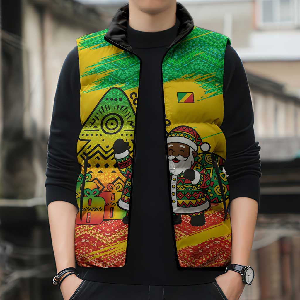 Congo Christmas Sleeveless Puffer Jacket with African Santa Tribal Tree and Colorful Gift Design - Wonder Print Shop