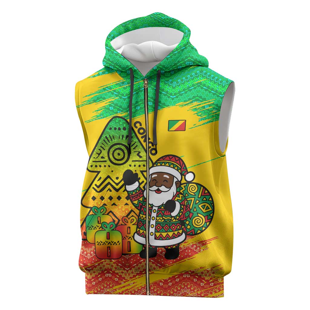 Congo Christmas Sleeveless Zip Hoodie with African Santa Tribal Tree and Colorful Gift Design - Wonder Print Shop