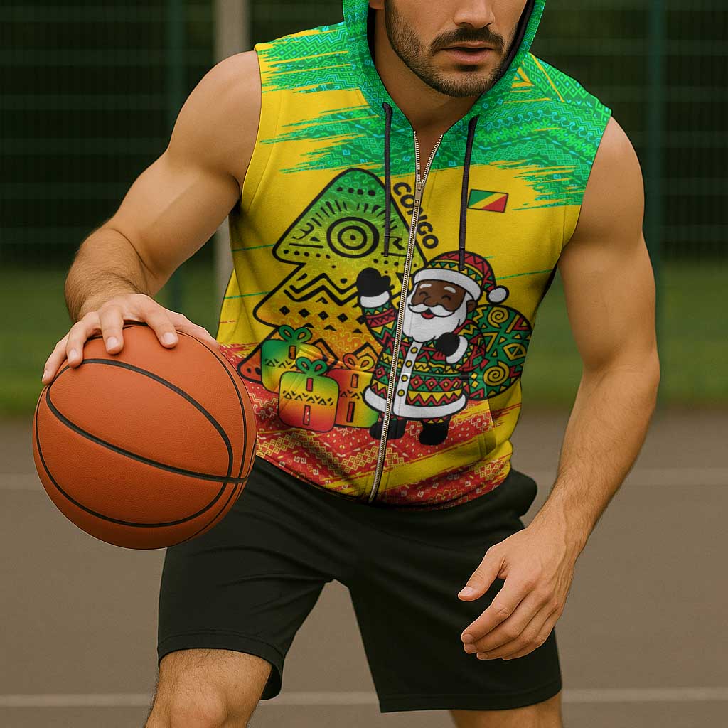 Congo Christmas Sleeveless Zip Hoodie with African Santa Tribal Tree and Colorful Gift Design - Wonder Print Shop