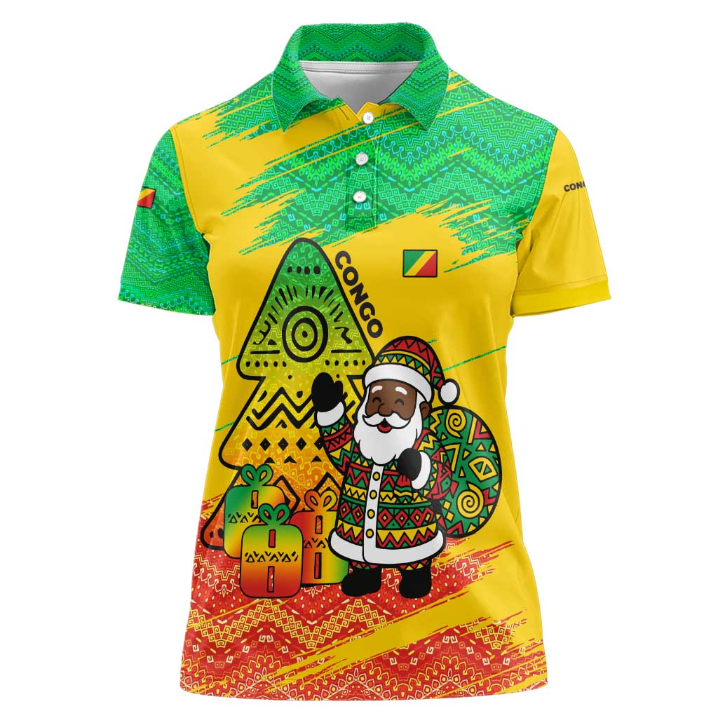 Congo Christmas Women Polo Shirt with African Santa Tribal Tree and Colorful Gift Design - Wonder Print Shop