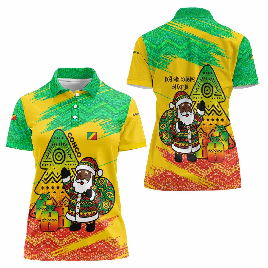 Congo Christmas Women Polo Shirt with African Santa Tribal Tree and Colorful Gift Design - Wonder Print Shop