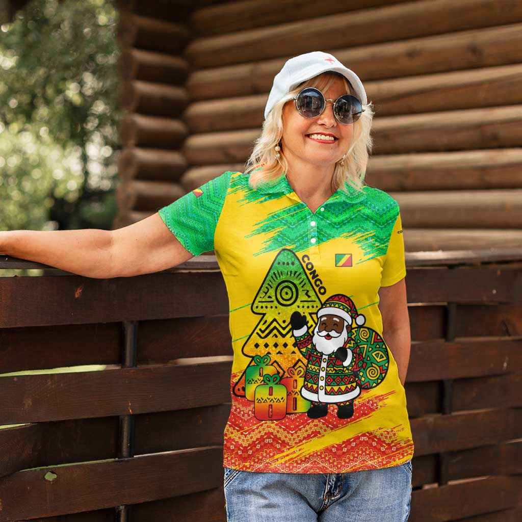 Congo Christmas Women Polo Shirt with African Santa Tribal Tree and Colorful Gift Design - Wonder Print Shop