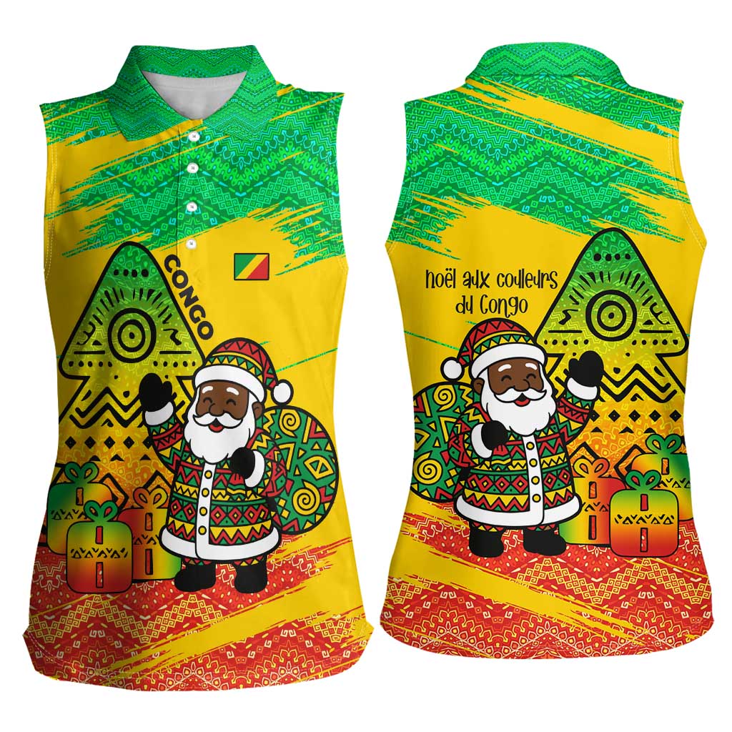 Congo Christmas Women Sleeveless Polo Shirt with African Santa Tribal Tree and Colorful Gift Design - Wonder Print Shop