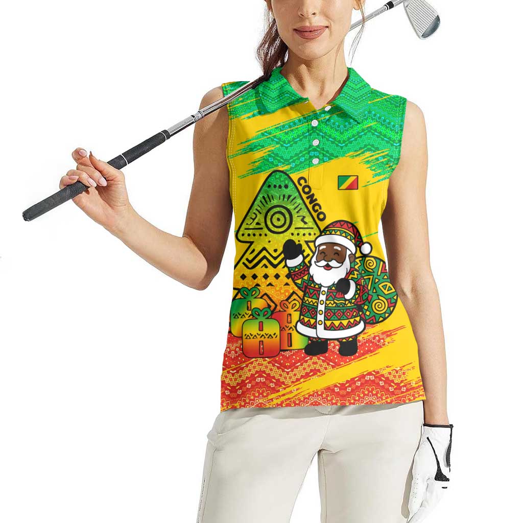 Congo Christmas Women Sleeveless Polo Shirt with African Santa Tribal Tree and Colorful Gift Design - Wonder Print Shop