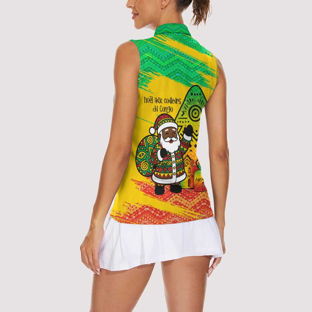 Congo Christmas Women Sleeveless Polo Shirt with African Santa Tribal Tree and Colorful Gift Design - Wonder Print Shop