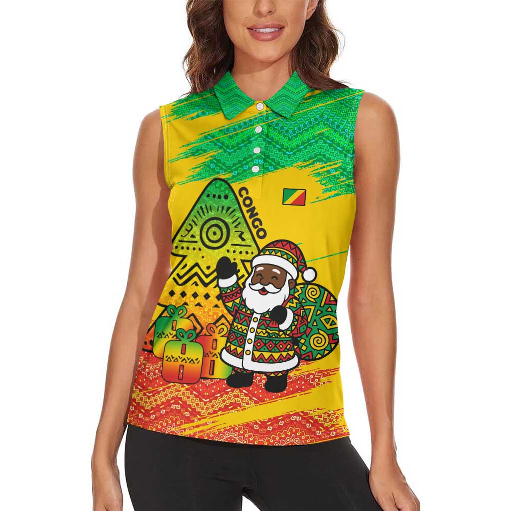 Congo Christmas Women Sleeveless Polo Shirt with African Santa Tribal Tree and Colorful Gift Design - Wonder Print Shop