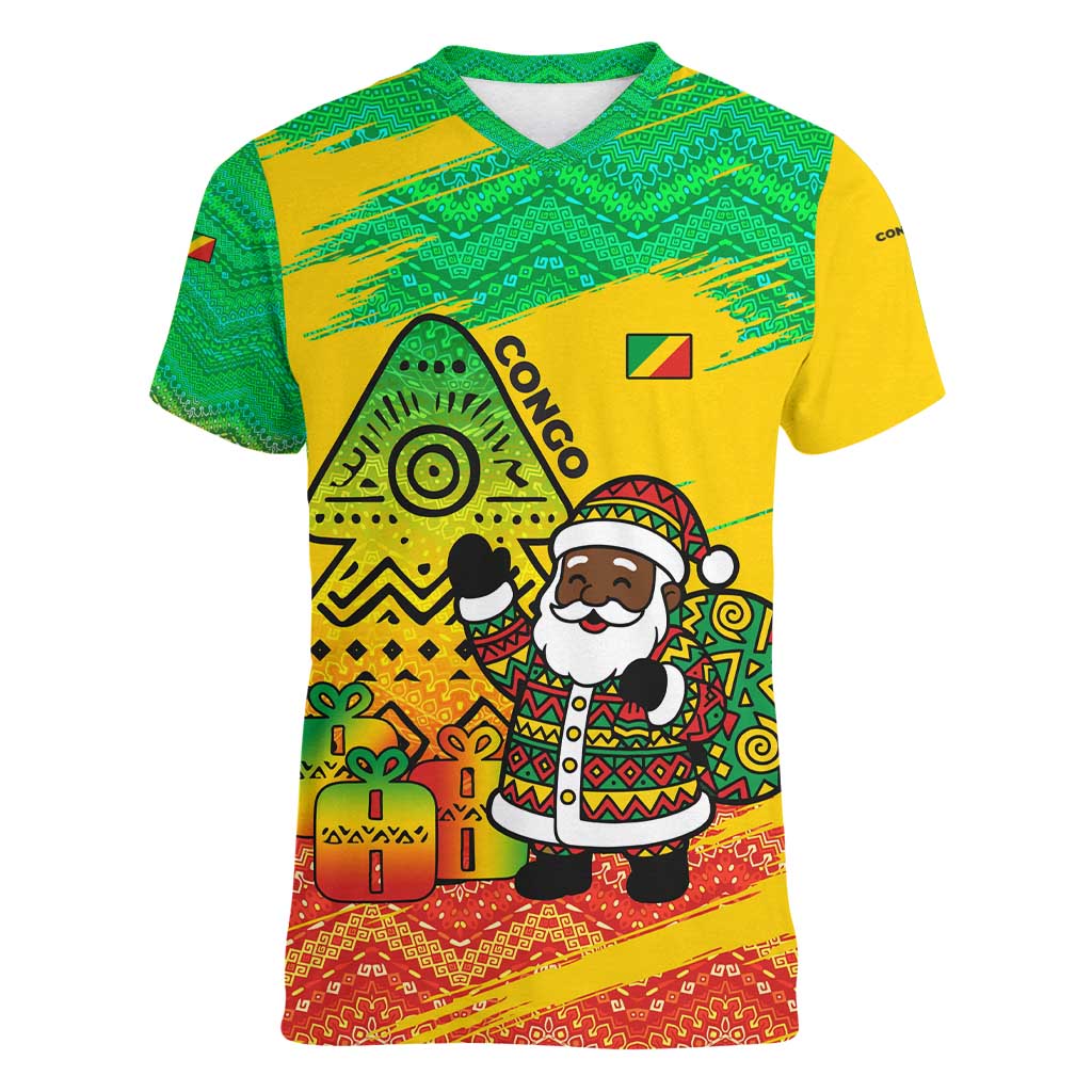 Congo Christmas Women V-Neck T-Shirt with African Santa Tribal Tree and Colorful Gift Design - Wonder Print Shop