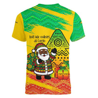 Congo Christmas Women V-Neck T-Shirt with African Santa Tribal Tree and Colorful Gift Design - Wonder Print Shop