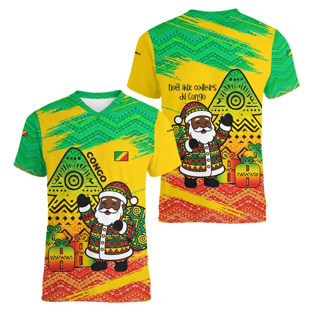 Congo Christmas Women V-Neck T-Shirt with African Santa Tribal Tree and Colorful Gift Design - Wonder Print Shop