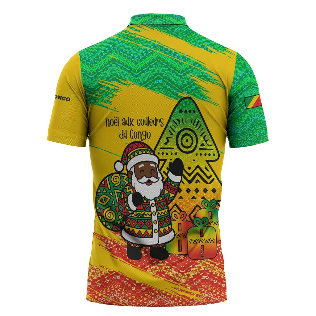 Congo Christmas Zipper Polo Shirt with African Santa Tribal Tree and Colorful Gift Design - Wonder Print Shop