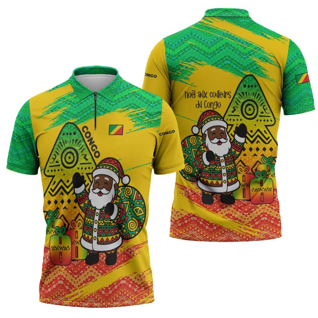 Congo Christmas Zipper Polo Shirt with African Santa Tribal Tree and Colorful Gift Design - Wonder Print Shop