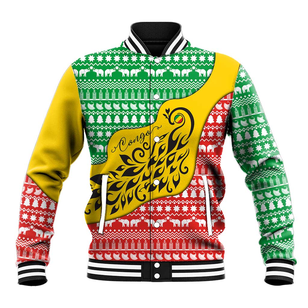 Congo Christmas Baseball Jacket with Tribal Tree Design Coat of Arms and Animal Pattern - Wonder Print Shop