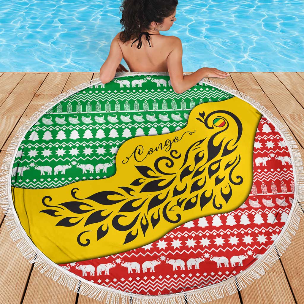 Congo Christmas Beach Blanket with Tribal Tree Design Coat of Arms and Animal Pattern - Wonder Print Shop