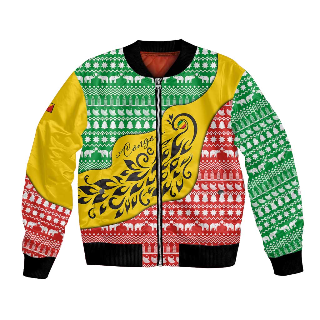 Congo Christmas Bomber Jacket with Tribal Tree Design Coat of Arms and Animal Pattern - Wonder Print Shop
