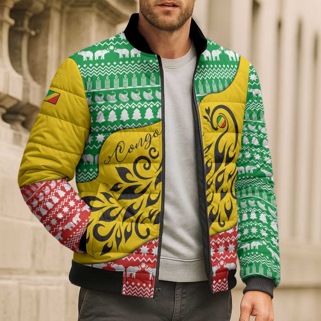 Congo Christmas Bomber Puffer Jacket with Tribal Tree Design Coat of Arms and Animal Pattern - Wonder Print Shop