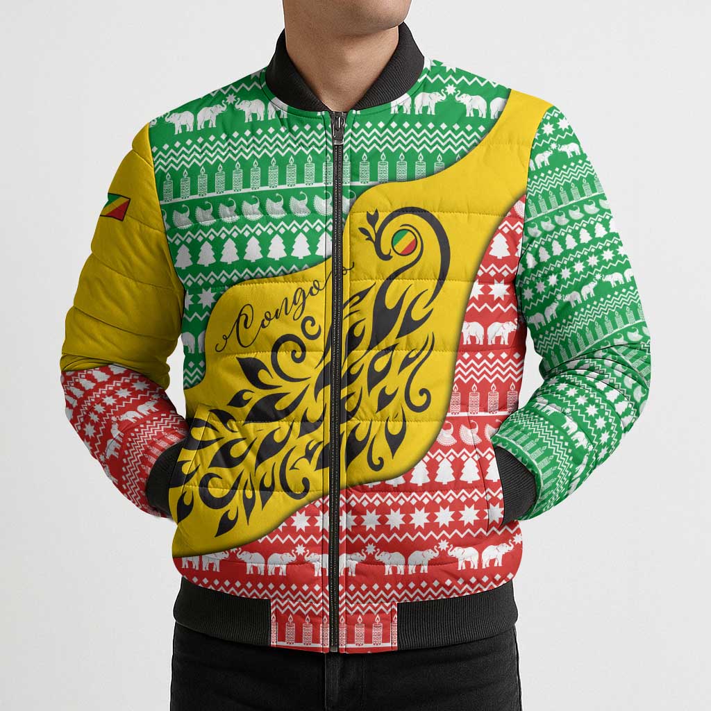 Congo Christmas Bomber Puffer Jacket with Tribal Tree Design Coat of Arms and Animal Pattern - Wonder Print Shop