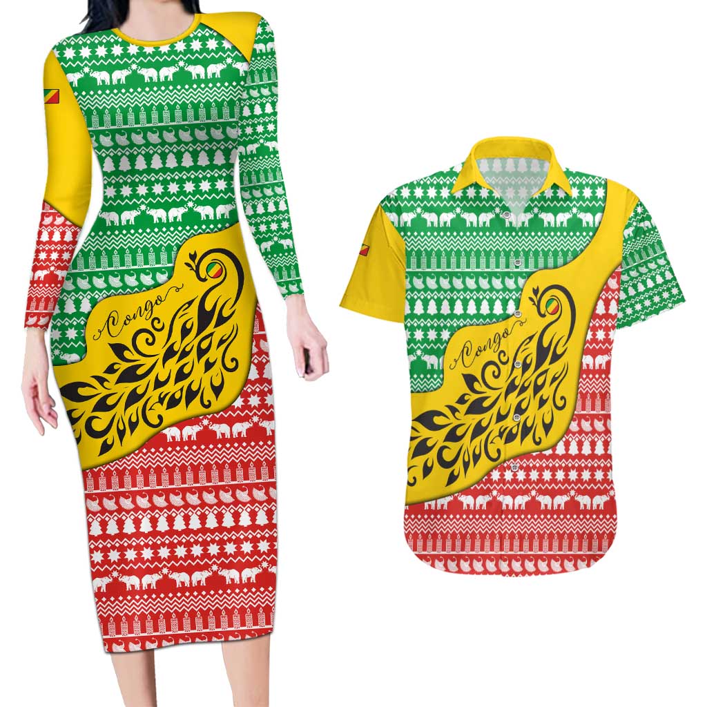 Congo Christmas Couples Matching Long Sleeve Bodycon Dress and Hawaiian Shirt with Tribal Tree Design Coat of Arms and Animal Pattern - Wonder Print Shop