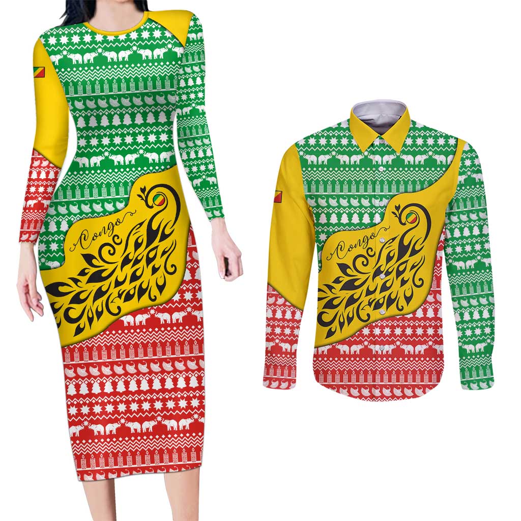 Congo Christmas Couples Matching Long Sleeve Bodycon Dress and Long Sleeve Button Shirt with Tribal Tree Design Coat of Arms and Animal Pattern - Wonder Print Shop