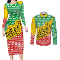 Congo Christmas Couples Matching Long Sleeve Bodycon Dress and Long Sleeve Button Shirt with Tribal Tree Design Coat of Arms and Animal Pattern - Wonder Print Shop