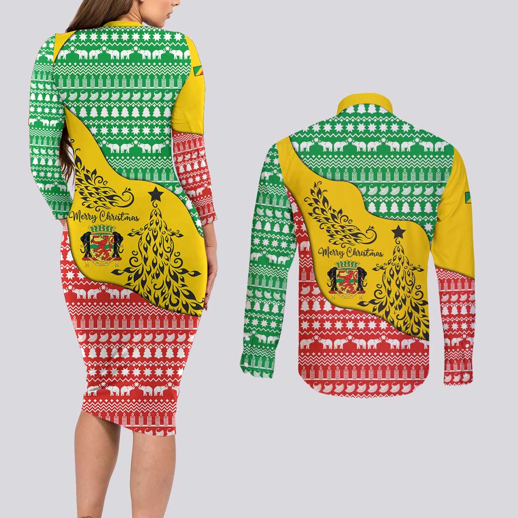 Congo Christmas Couples Matching Long Sleeve Bodycon Dress and Long Sleeve Button Shirt with Tribal Tree Design Coat of Arms and Animal Pattern - Wonder Print Shop