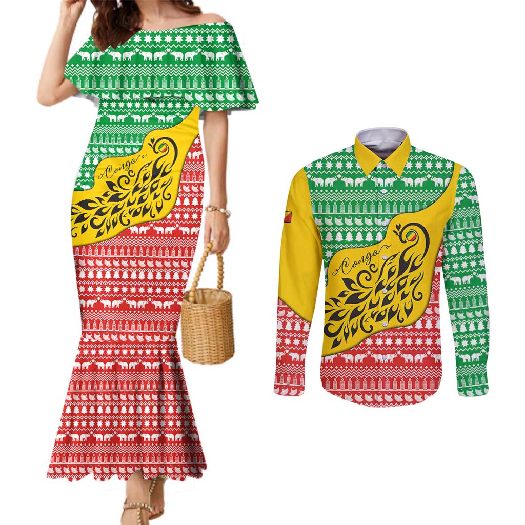 Congo Christmas Couples Matching Mermaid Dress and Long Sleeve Button Shirt with Tribal Tree Design Coat of Arms and Animal Pattern - Wonder Print Shop