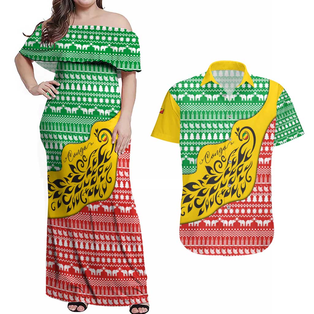 Congo Christmas Couples Matching Off Shoulder Maxi Dress and Hawaiian Shirt with Tribal Tree Design Coat of Arms and Animal Pattern - Wonder Print Shop