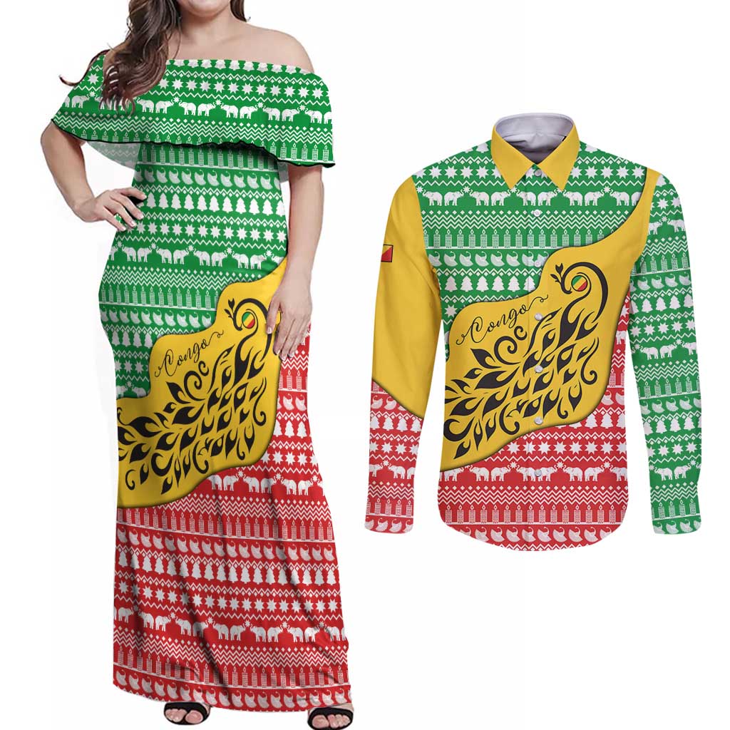 Congo Christmas Couples Matching Off Shoulder Maxi Dress and Long Sleeve Button Shirt with Tribal Tree Design Coat of Arms and Animal Pattern - Wonder Print Shop