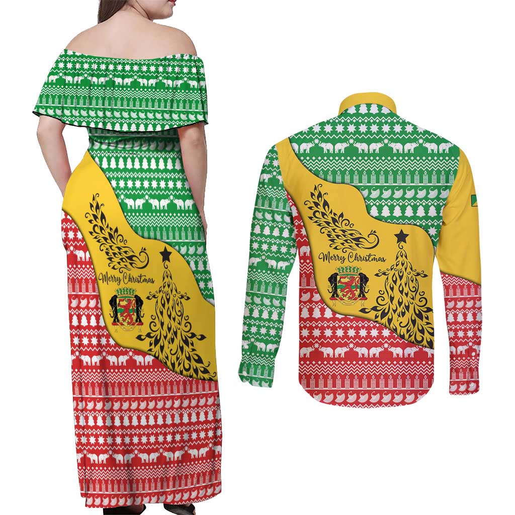 Congo Christmas Couples Matching Off Shoulder Maxi Dress and Long Sleeve Button Shirt with Tribal Tree Design Coat of Arms and Animal Pattern - Wonder Print Shop