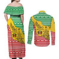 Congo Christmas Couples Matching Off Shoulder Maxi Dress and Long Sleeve Button Shirt with Tribal Tree Design Coat of Arms and Animal Pattern - Wonder Print Shop