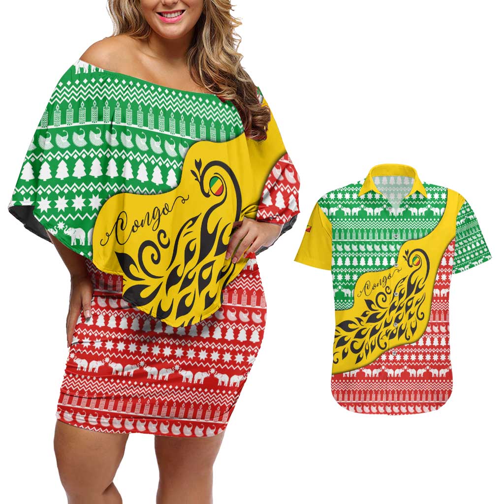 Congo Christmas Couples Matching Off Shoulder Short Dress and Hawaiian Shirt with Tribal Tree Design Coat of Arms and Animal Pattern - Wonder Print Shop