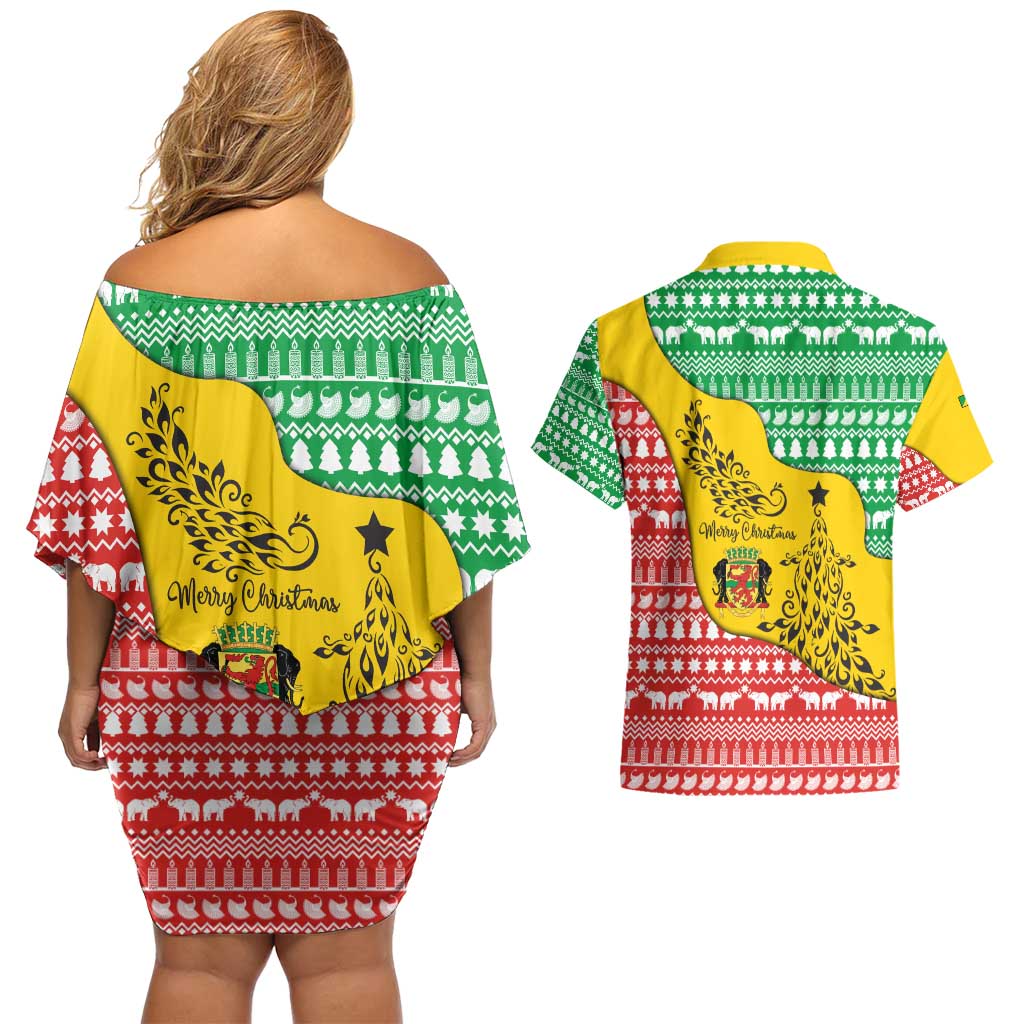 Congo Christmas Couples Matching Off Shoulder Short Dress and Hawaiian Shirt with Tribal Tree Design Coat of Arms and Animal Pattern - Wonder Print Shop