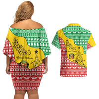 Congo Christmas Couples Matching Off Shoulder Short Dress and Hawaiian Shirt with Tribal Tree Design Coat of Arms and Animal Pattern - Wonder Print Shop