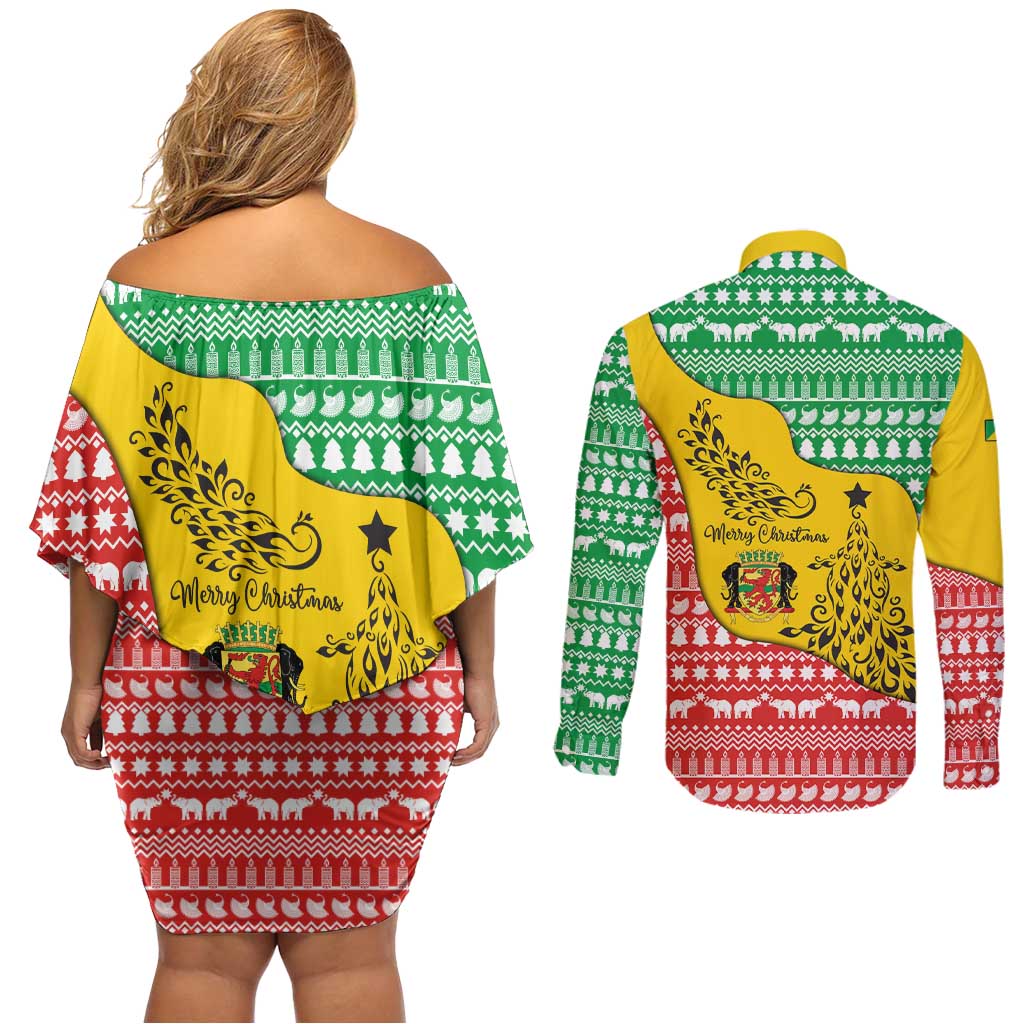 Congo Christmas Couples Matching Off Shoulder Short Dress and Long Sleeve Button Shirt with Tribal Tree Design Coat of Arms and Animal Pattern - Wonder Print Shop
