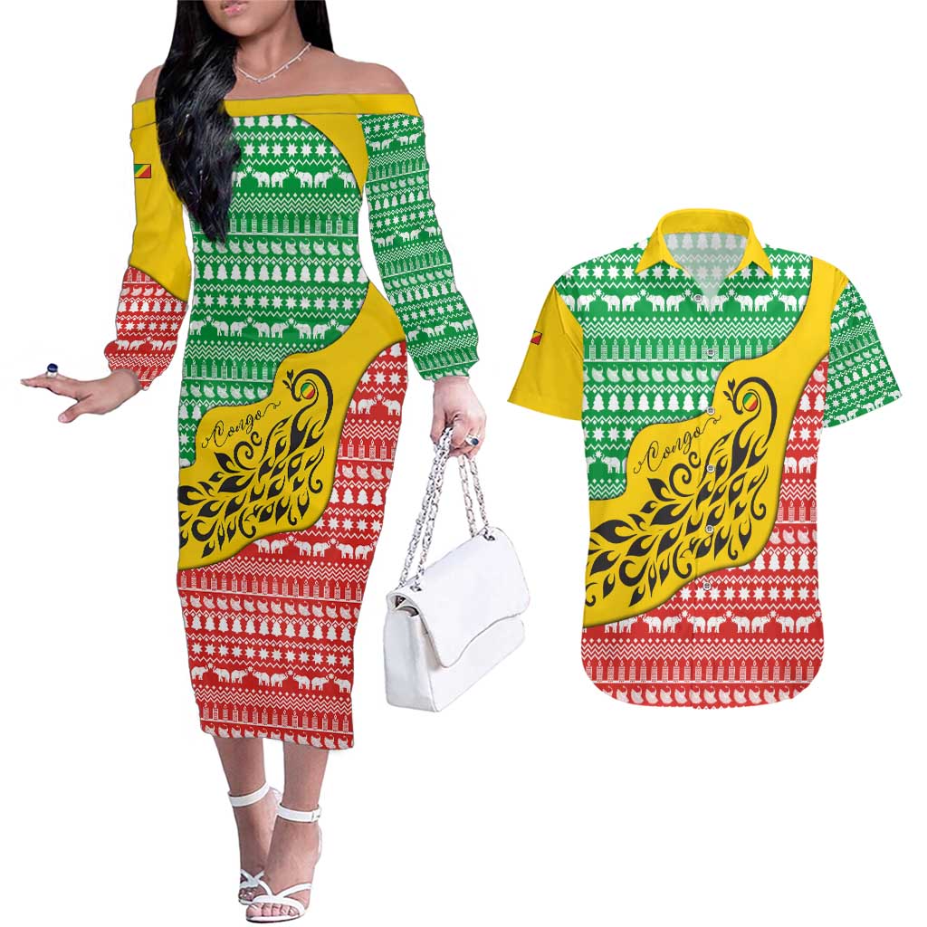 Congo Christmas Couples Matching Off The Shoulder Long Sleeve Dress and Hawaiian Shirt with Tribal Tree Design Coat of Arms and Animal Pattern - Wonder Print Shop
