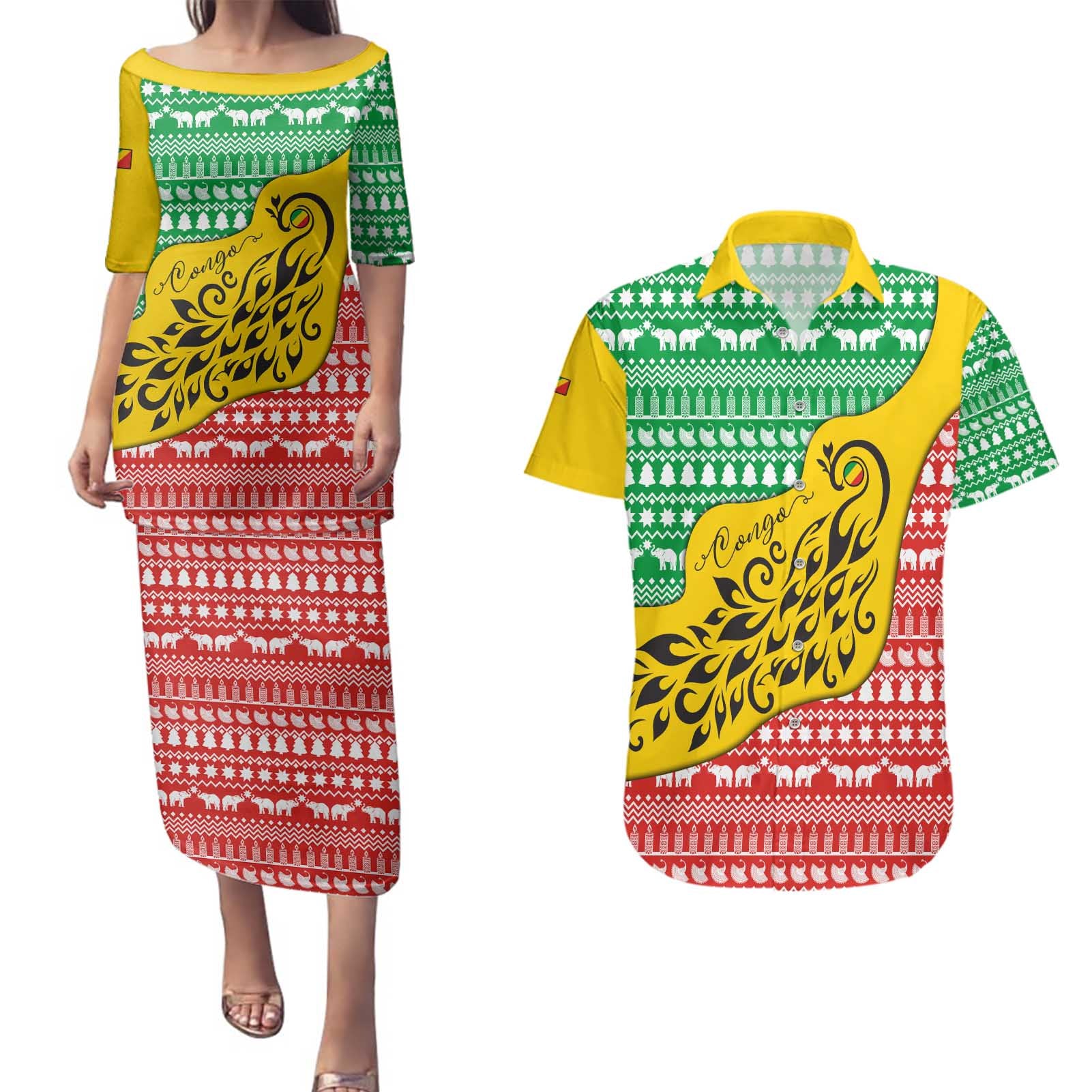 Congo Christmas Couples Matching Puletasi and Hawaiian Shirt with Tribal Tree Design Coat of Arms and Animal Pattern - Wonder Print Shop