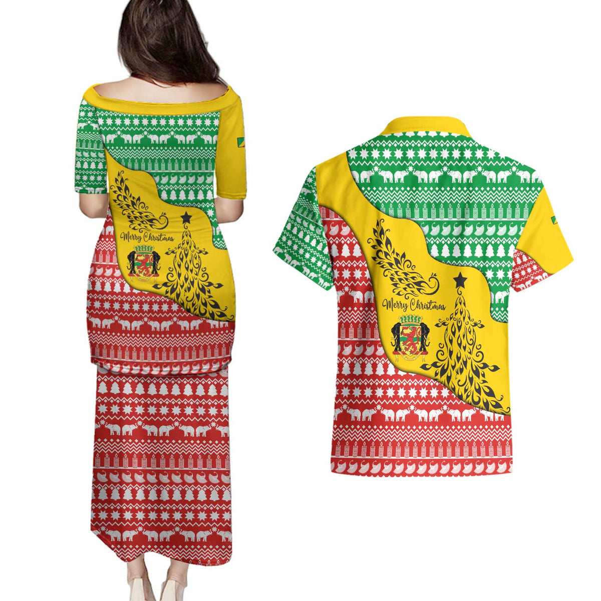 Congo Christmas Couples Matching Puletasi and Hawaiian Shirt with Tribal Tree Design Coat of Arms and Animal Pattern - Wonder Print Shop