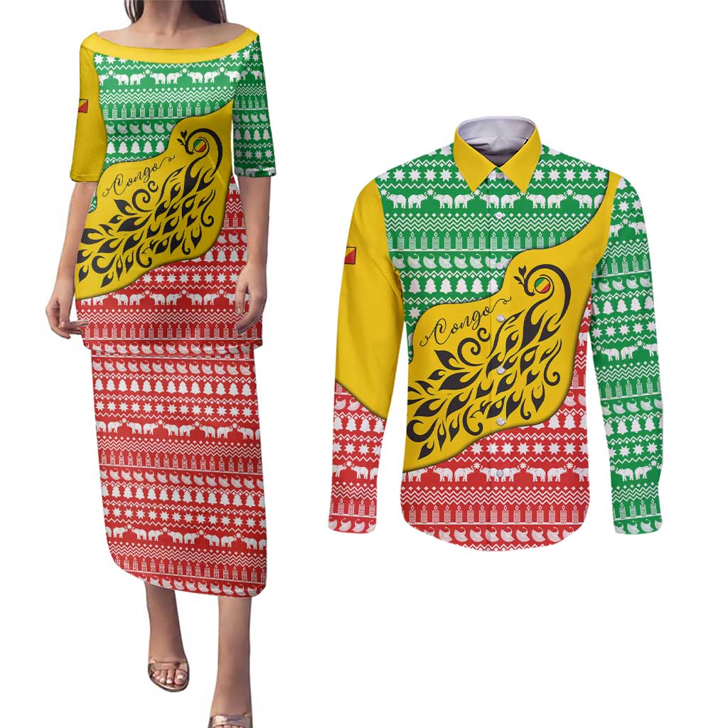 Congo Christmas Couples Matching Puletasi and Long Sleeve Button Shirt with Tribal Tree Design Coat of Arms and Animal Pattern - Wonder Print Shop