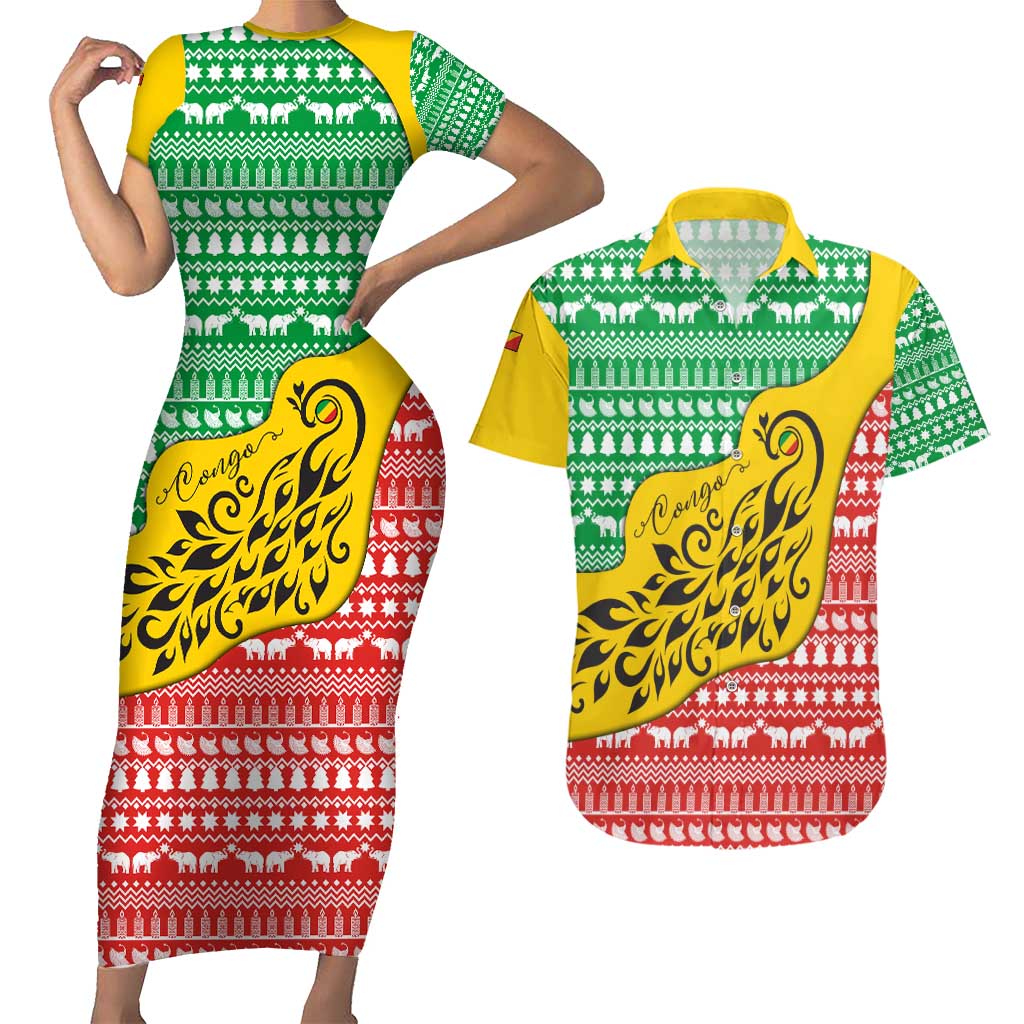 Congo Christmas Couples Matching Short Sleeve Bodycon Dress and Hawaiian Shirt with Tribal Tree Design Coat of Arms and Animal Pattern - Wonder Print Shop
