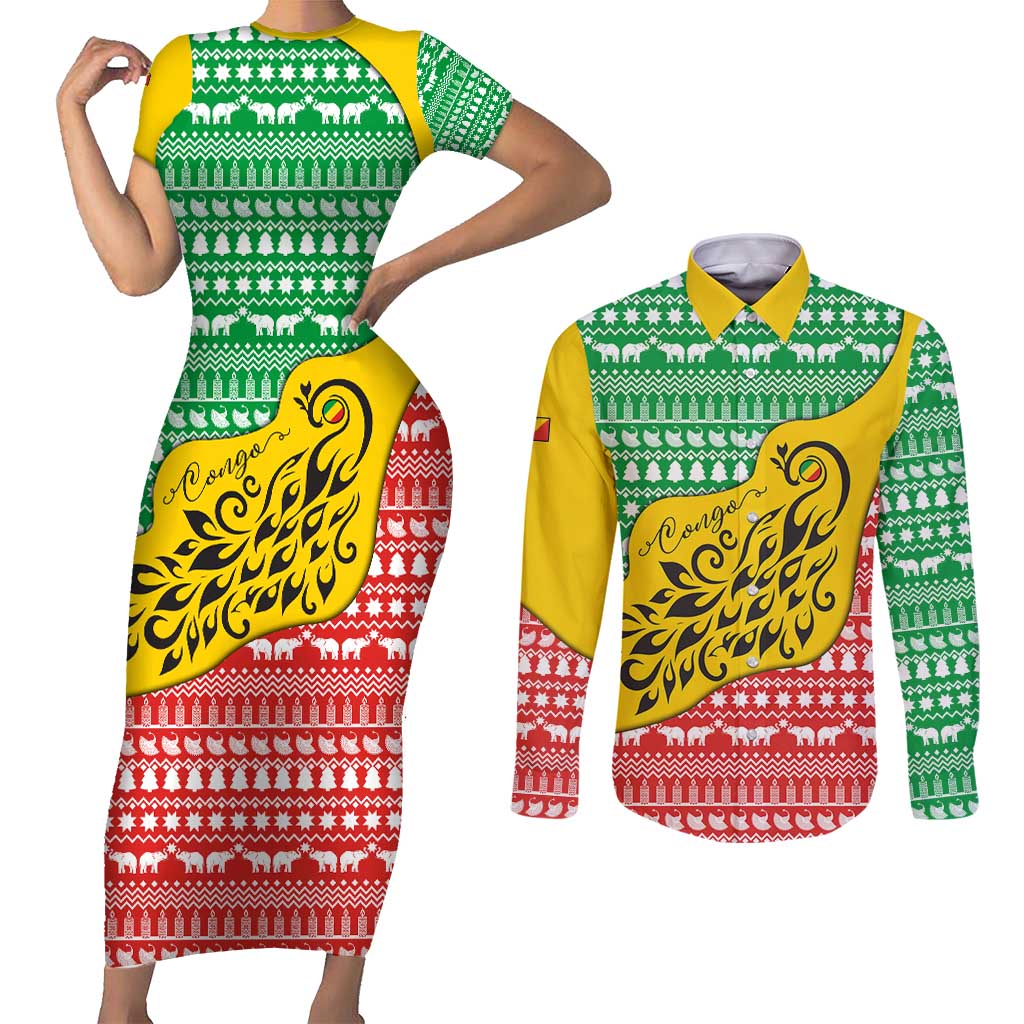 Congo Christmas Couples Matching Short Sleeve Bodycon Dress and Long Sleeve Button Shirt with Tribal Tree Design Coat of Arms and Animal Pattern - Wonder Print Shop