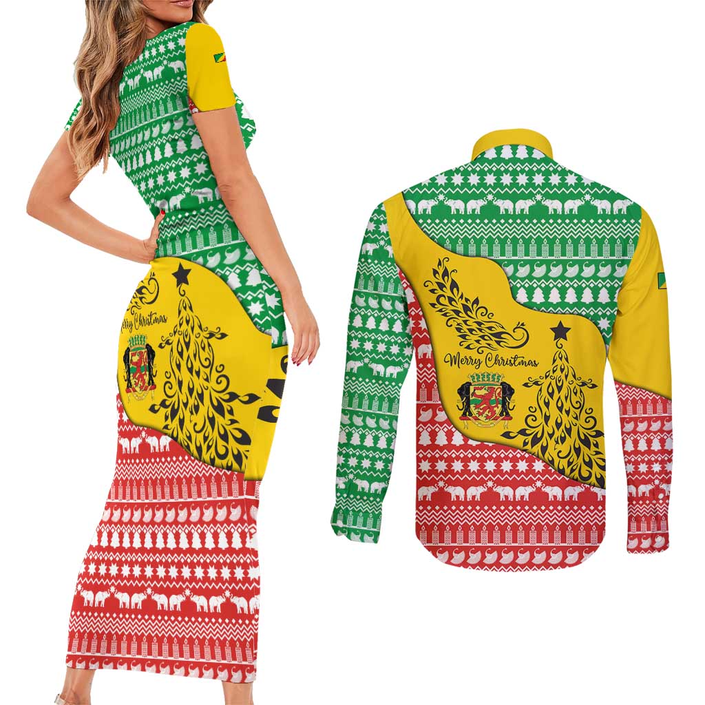 Congo Christmas Couples Matching Short Sleeve Bodycon Dress and Long Sleeve Button Shirt with Tribal Tree Design Coat of Arms and Animal Pattern - Wonder Print Shop