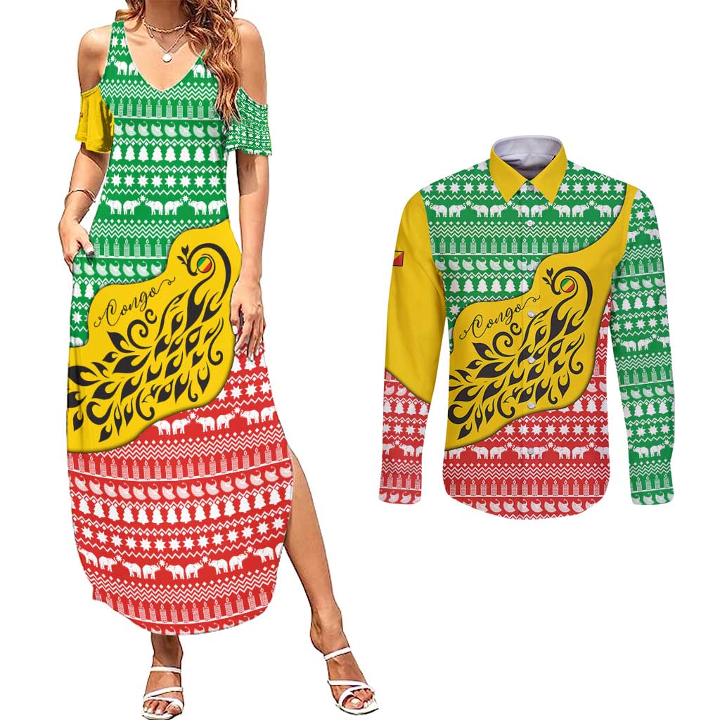Congo Christmas Couples Matching Summer Maxi Dress and Long Sleeve Button Shirt with Tribal Tree Design Coat of Arms and Animal Pattern - Wonder Print Shop