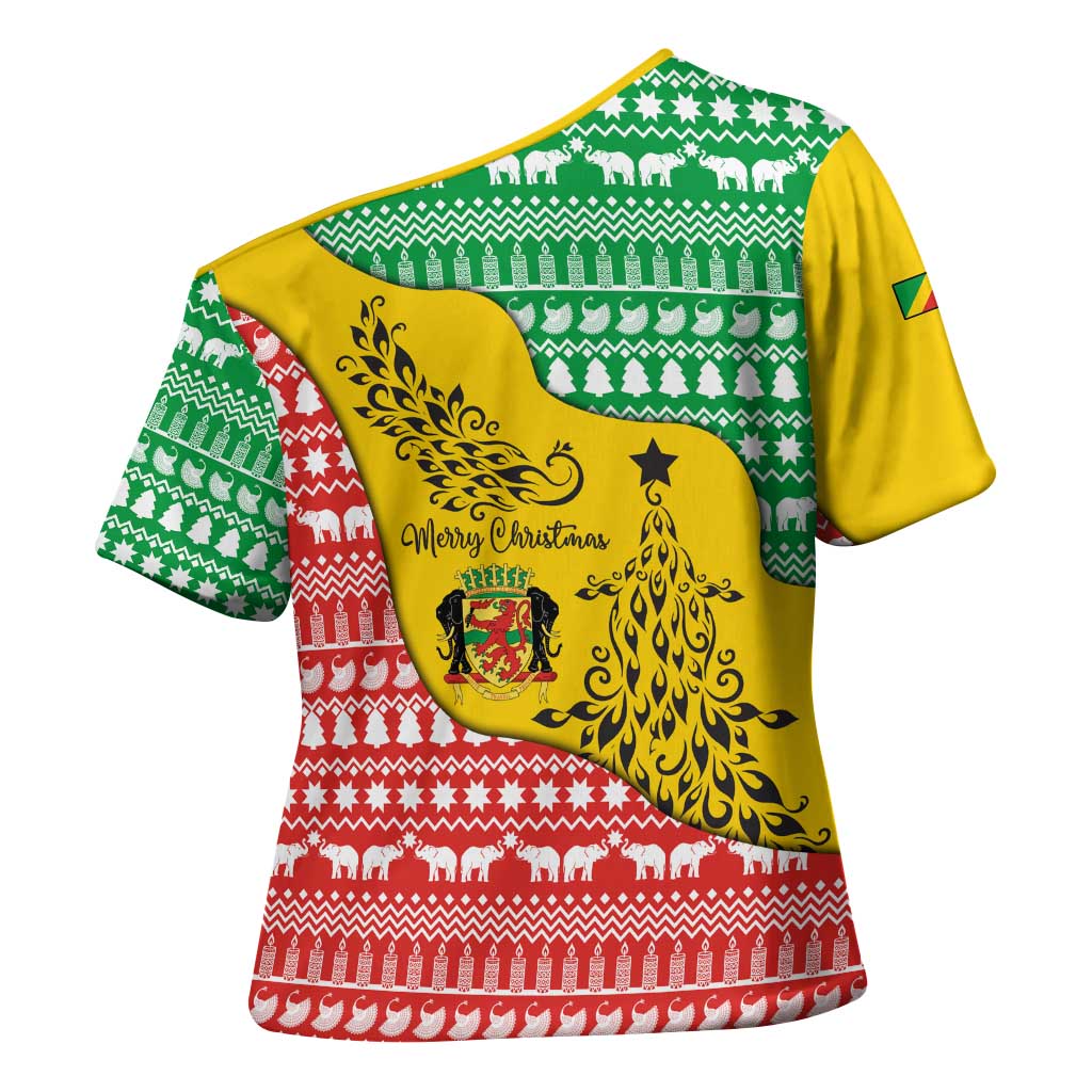 Congo Christmas Cross Shoulder Shirt with Tribal Tree Design Coat of Arms and Animal Pattern - Wonder Print Shop