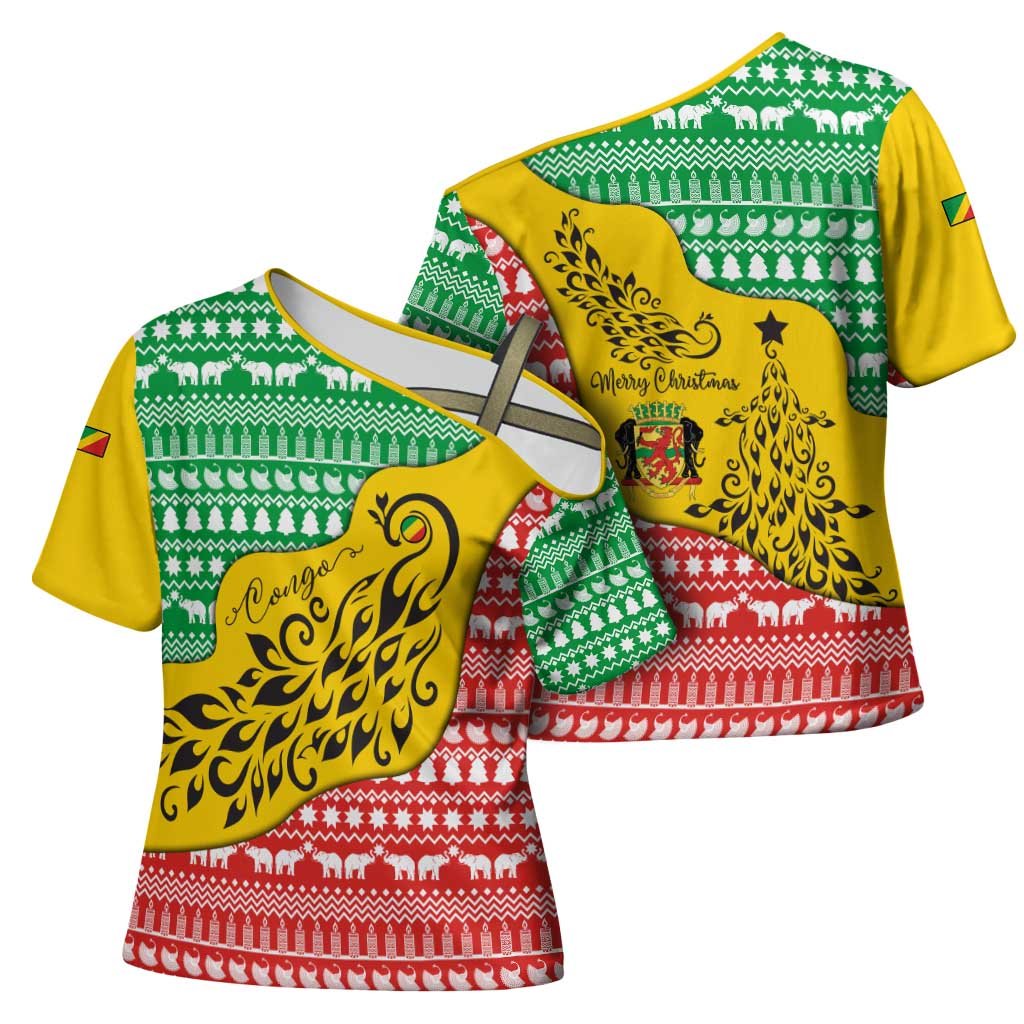 Congo Christmas Cross Shoulder Shirt with Tribal Tree Design Coat of Arms and Animal Pattern - Wonder Print Shop