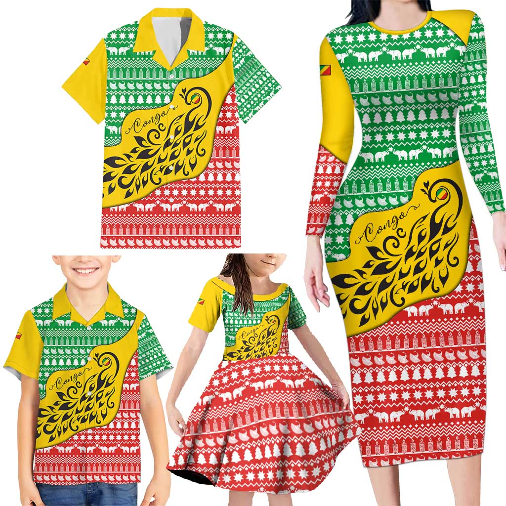 Congo Christmas Family Matching Long Sleeve Bodycon Dress and Hawaiian Shirt with Tribal Tree Design Coat of Arms and Animal Pattern - Wonder Print Shop