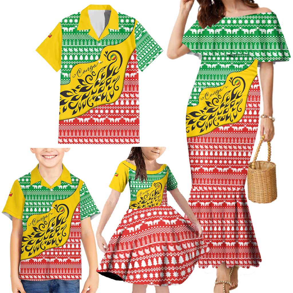 Congo Christmas Family Matching Mermaid Dress and Hawaiian Shirt with Tribal Tree Design Coat of Arms and Animal Pattern - Wonder Print Shop