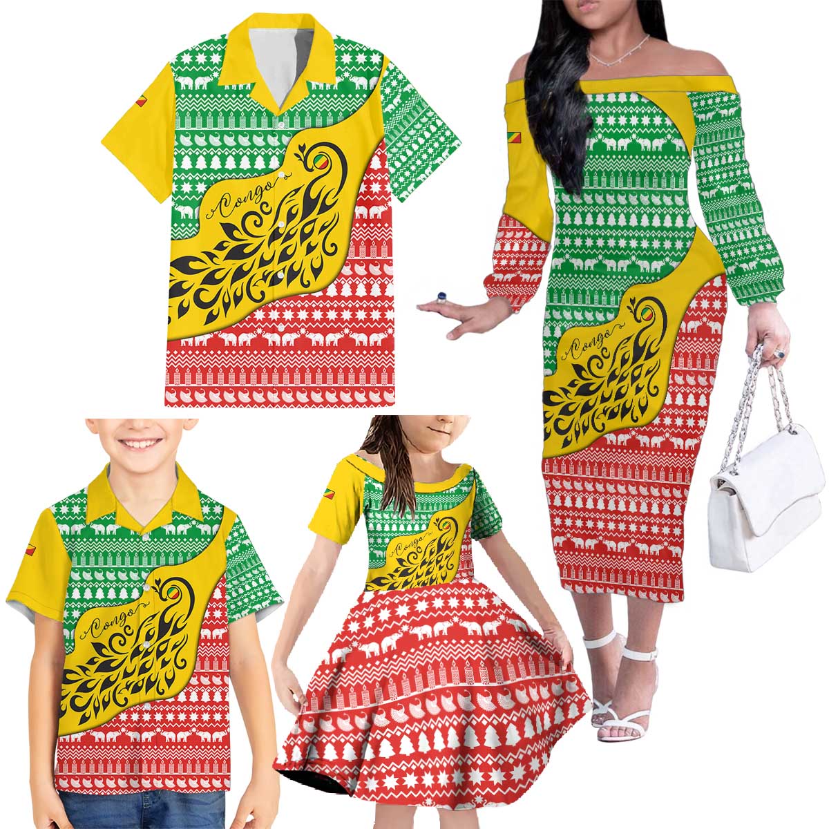 Congo Christmas Family Matching Off The Shoulder Long Sleeve Dress and Hawaiian Shirt with Tribal Tree Design Coat of Arms and Animal Pattern - Wonder Print Shop
