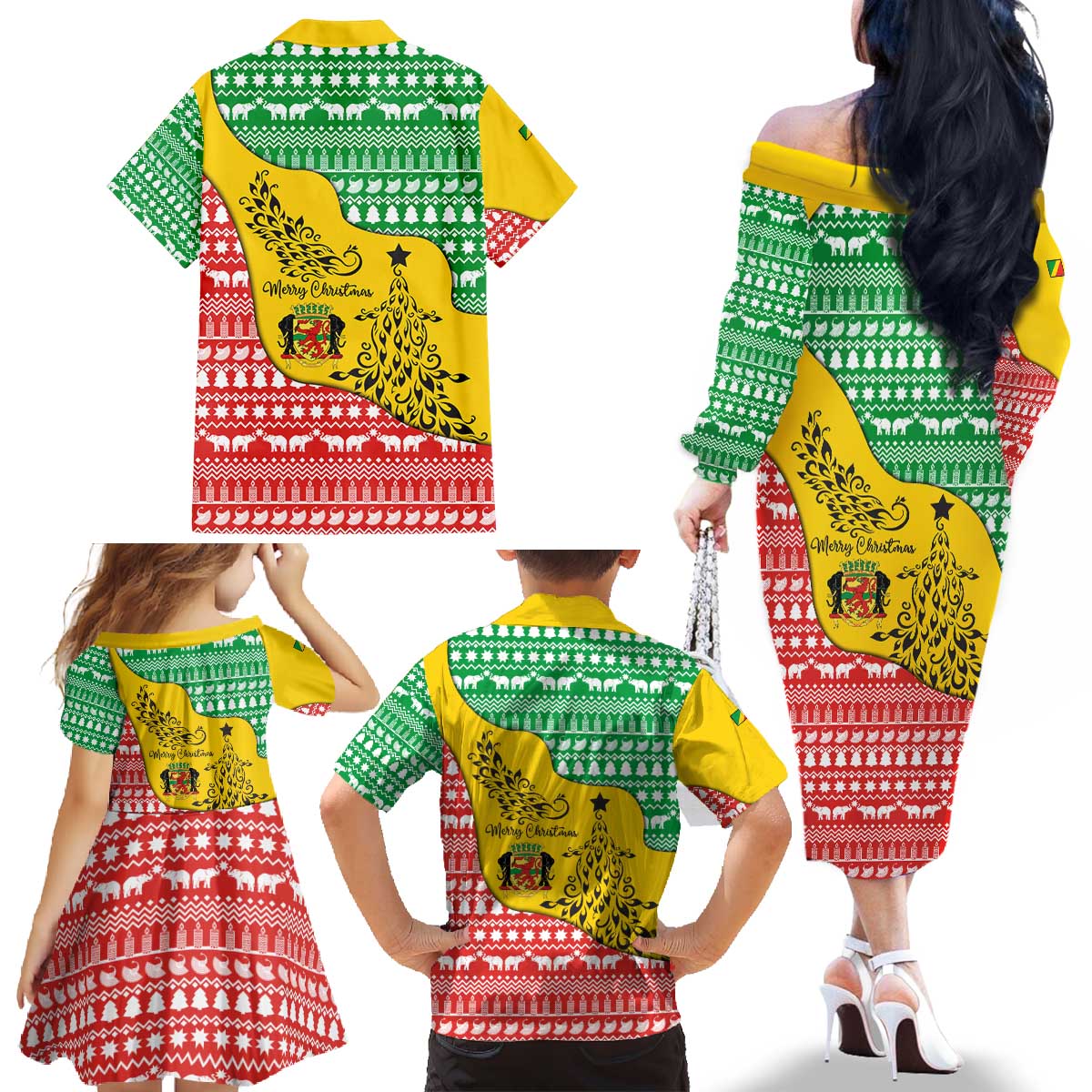 Congo Christmas Family Matching Off The Shoulder Long Sleeve Dress and Hawaiian Shirt with Tribal Tree Design Coat of Arms and Animal Pattern - Wonder Print Shop