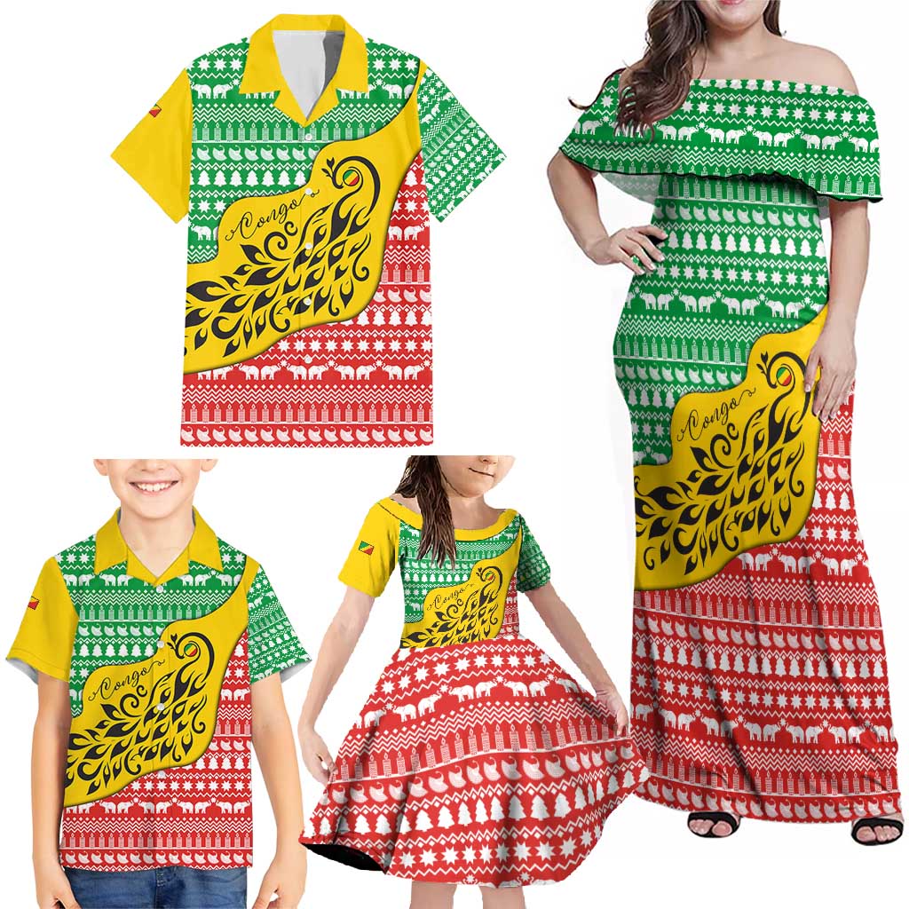 Congo Christmas Family Matching Off Shoulder Maxi Dress and Hawaiian Shirt with Tribal Tree Design Coat of Arms and Animal Pattern - Wonder Print Shop