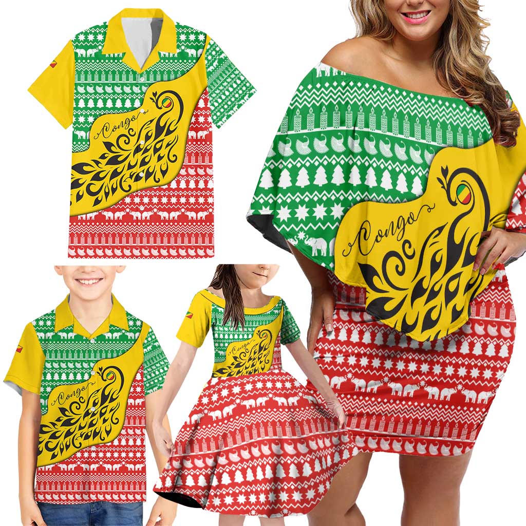 Congo Christmas Family Matching Off Shoulder Short Dress and Hawaiian Shirt with Tribal Tree Design Coat of Arms and Animal Pattern - Wonder Print Shop