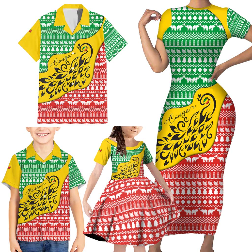 Congo Christmas Family Matching Short Sleeve Bodycon Dress and Hawaiian Shirt with Tribal Tree Design Coat of Arms and Animal Pattern - Wonder Print Shop